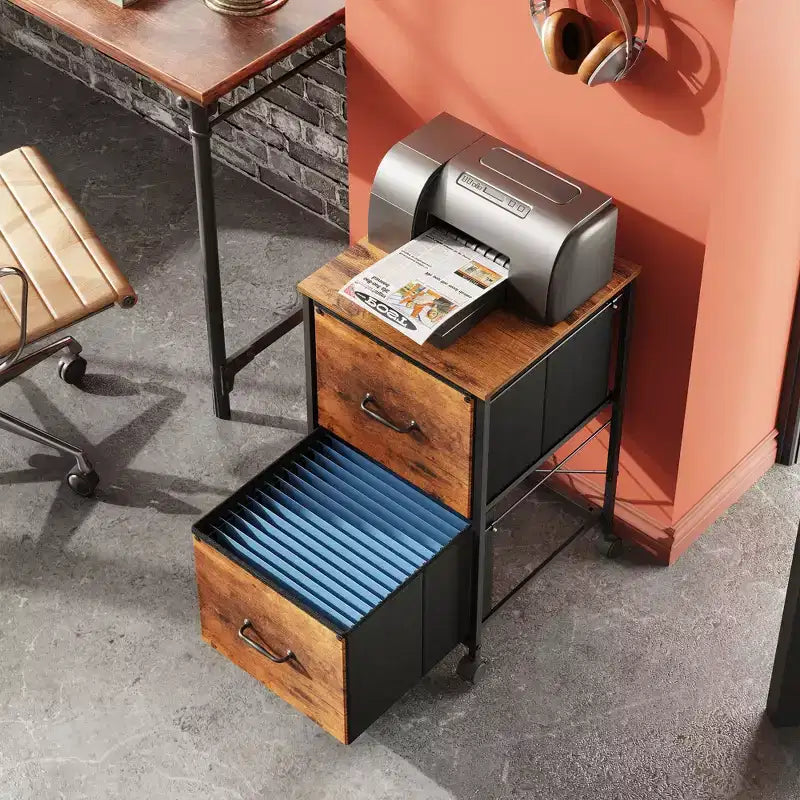 Cassettiera mobile con top in legno a 2 cassetti, colore Marrone Rustico, utente singolo
