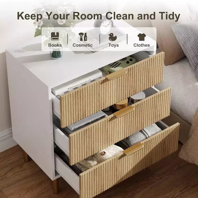 Comò a 3 cassetti, Verde / Naturale / Rosa / Bianco, Cassettiera moderna in legno, Per uso individuale