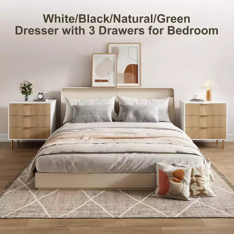 Comò a 3 cassetti, Verde / Naturale / Rosa / Bianco, Cassettiera moderna in legno, Per uso individuale