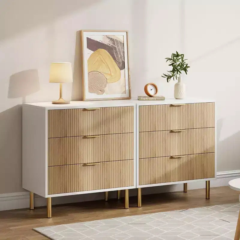 Comò a 3 cassetti, Verde / Naturale / Rosa / Bianco, Cassettiera moderna in legno, Per uso individuale
