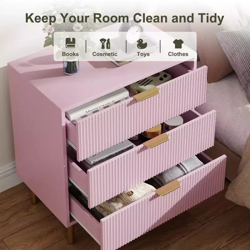 Comò a 3 cassetti, Verde / Naturale / Rosa / Bianco, Cassettiera moderna in legno, Per uso individuale