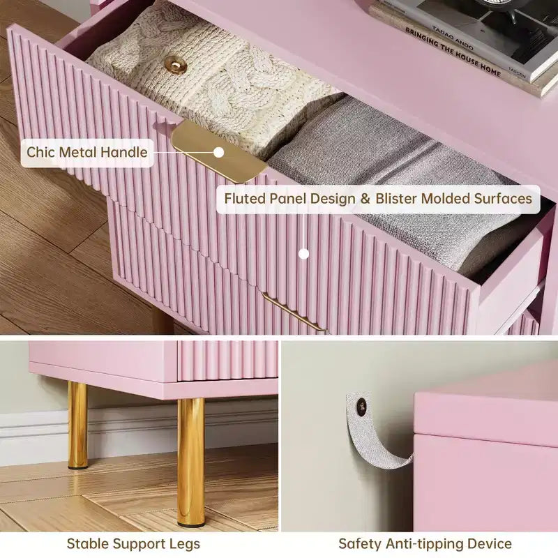 Comò a 3 cassetti, Verde / Naturale / Rosa / Bianco, Cassettiera moderna in legno, Per uso individuale