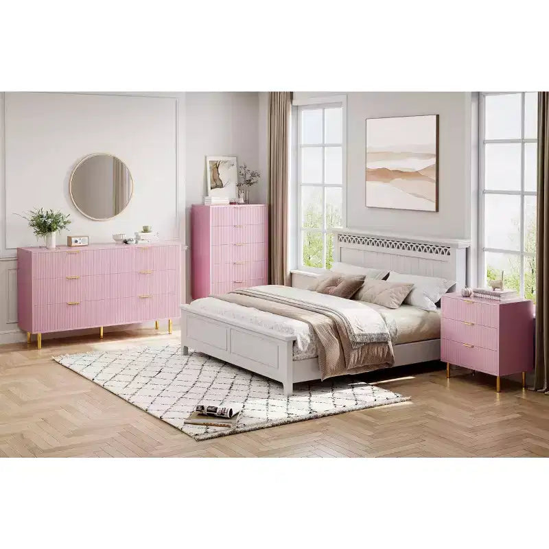 Comò a 3 cassetti, Verde / Naturale / Rosa / Bianco, Cassettiera moderna in legno, Per uso individuale