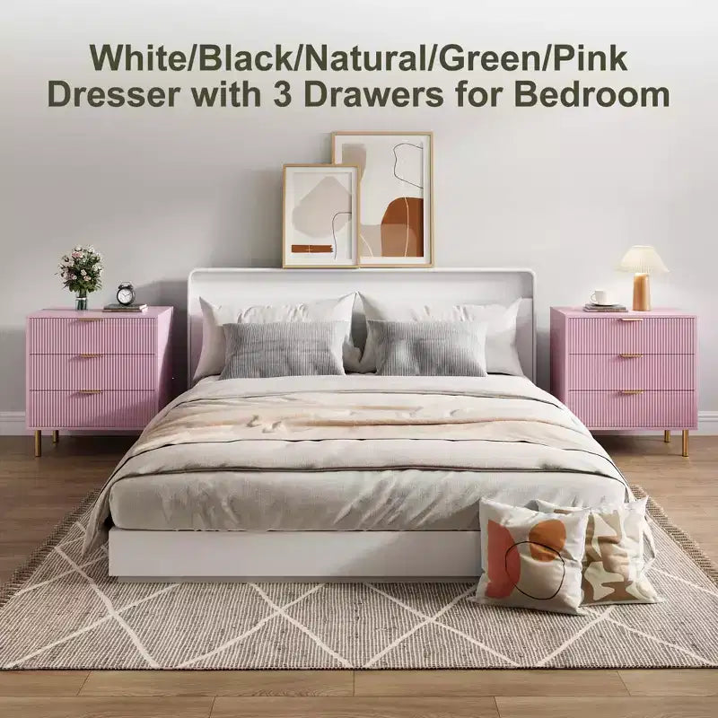 Comò a 3 cassetti, Verde / Naturale / Rosa / Bianco, Cassettiera moderna in legno, Per uso individuale