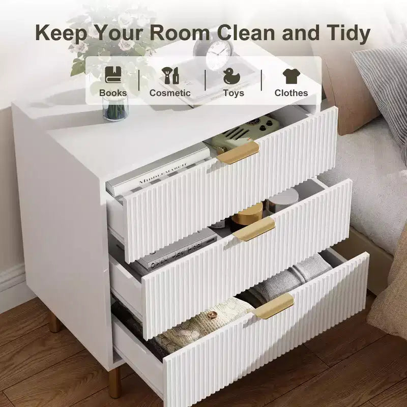 Comò a 3 cassetti, Verde / Naturale / Rosa / Bianco, Cassettiera moderna in legno, Per uso individuale