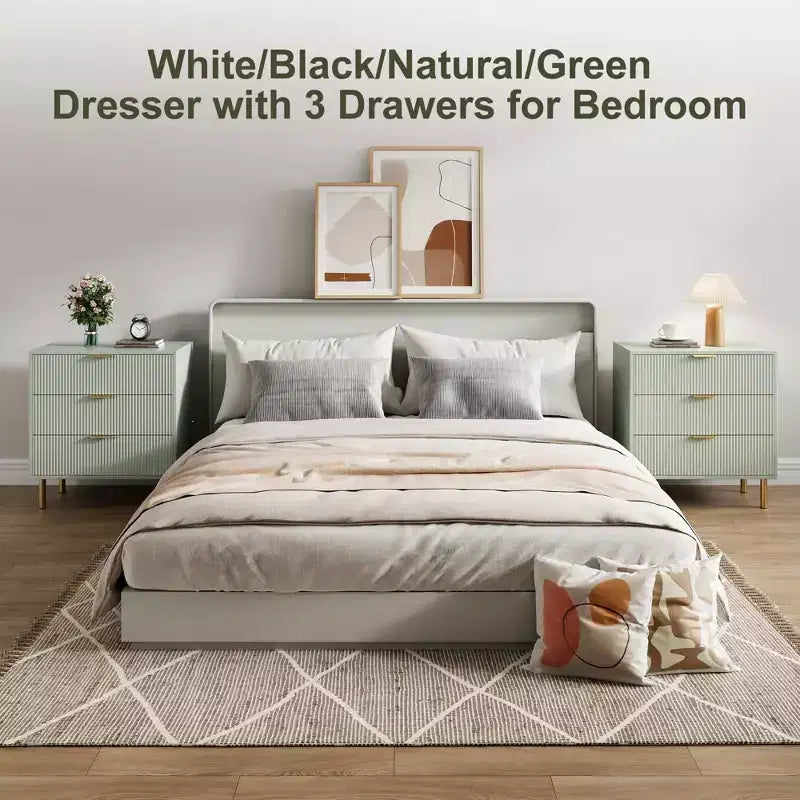 Comò a 3 cassetti, Verde / Naturale / Rosa / Bianco, Cassettiera moderna in legno, Per uso individuale
