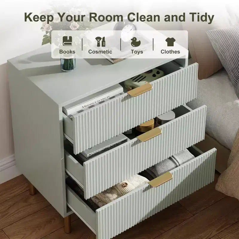 Comò a 3 cassetti, Verde / Naturale / Rosa / Bianco, Cassettiera moderna in legno, Per uso individuale