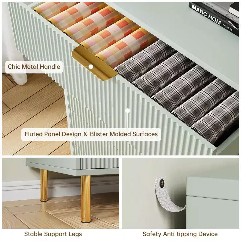 Comò a 3 cassetti, Verde / Naturale / Rosa / Bianco, Cassettiera moderna in legno, Per uso individuale