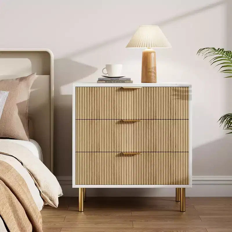Comò a 3 cassetti, Verde / Naturale / Rosa / Bianco, Cassettiera moderna in legno, Per uso individuale