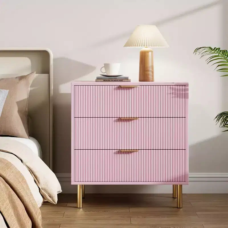Comò a 3 cassetti, Verde / Naturale / Rosa / Bianco, Cassettiera moderna in legno, Per uso individuale