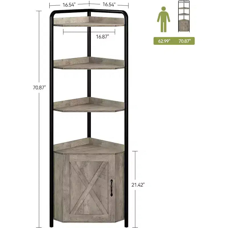Mobiletto angolare a triangolo nero, scaffale aperto a 4 ripiani con contenitore nascosto, uso individuale