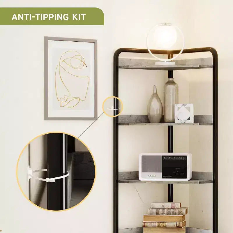 Mobiletto angolare a triangolo nero, scaffale aperto a 4 ripiani con contenitore nascosto, uso individuale
