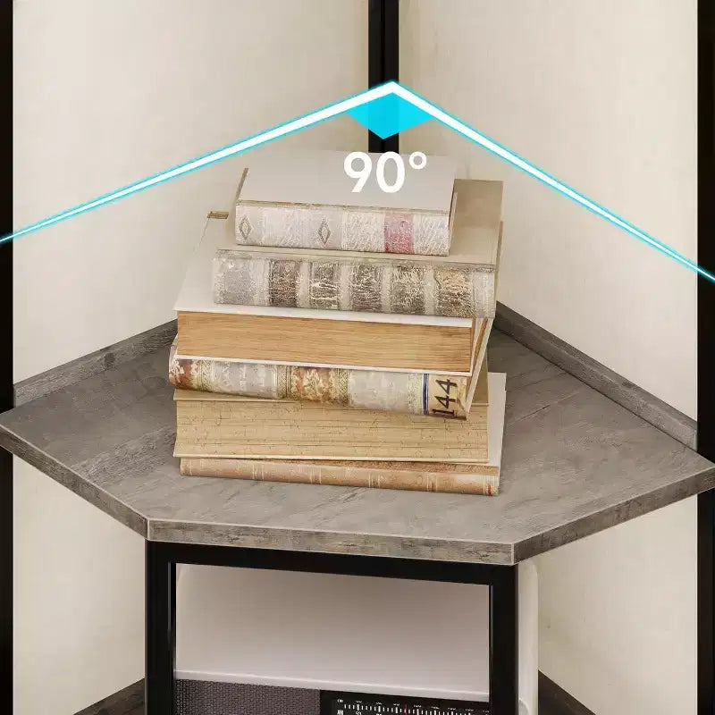 Mobiletto angolare a triangolo nero, scaffale aperto a 4 ripiani con contenitore nascosto, uso individuale