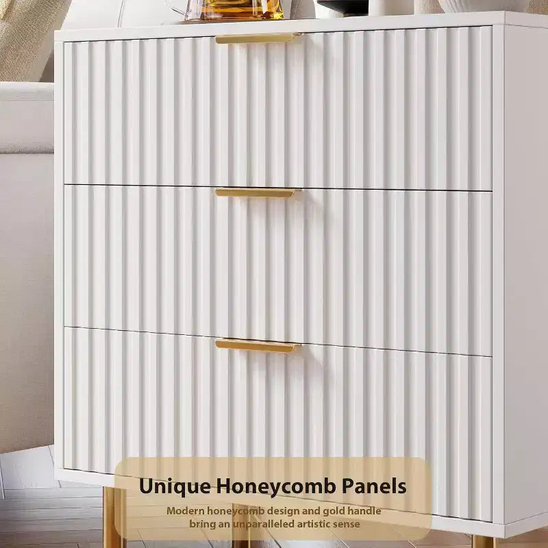 Comò a 3 cassetti a coste bianco e nero con gambe dorate, per 1 persona
