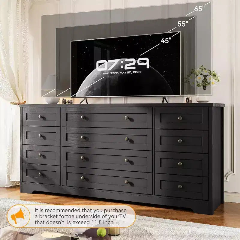 Comò a 12 cassetti e mobile TV (marrone scuro anticato/nero/bianco) – Utente singolo