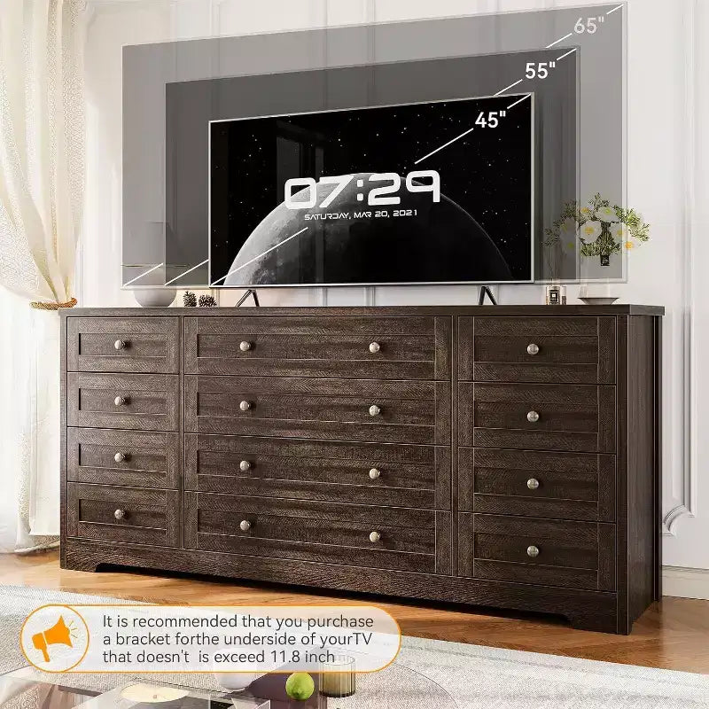 Comò a 12 cassetti e mobile TV (marrone scuro anticato/nero/bianco) – Utente singolo