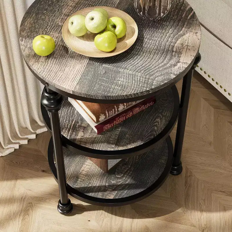 Tavolino da Caffè Rotondo a 3 Ripiani, Rovere Scuro / Colore Retrò, Struttura in Metallo, Monouso