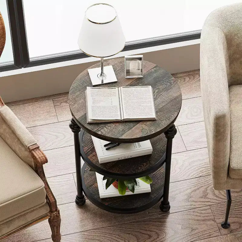 Tavolino da Caffè Rotondo a 3 Ripiani, Rovere Scuro / Colore Retrò, Struttura in Metallo, Monouso