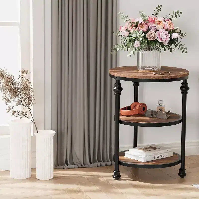 Tavolino da Caffè Rotondo a 3 Ripiani, Rovere Scuro / Colore Retrò, Struttura in Metallo, Monouso