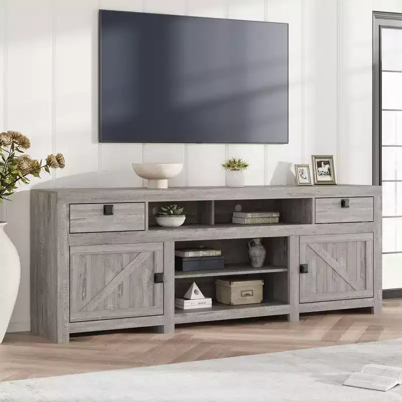 Mobile TV rustico bianco antico/grigio effetto legno con 4 cassetti e 3 ripiani aperti, adatto per TV fino a 80"