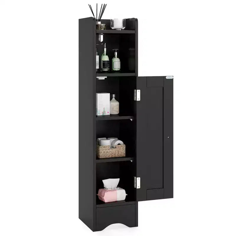 Mobile Contenitore da Bagno Stretto Nero/Grigio/Bianco con Anta, a Colonna a 5 Ripiani, Montaggio 1 Persona