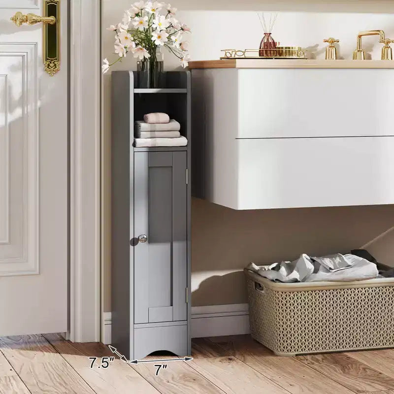 Mobile Contenitore da Bagno Stretto Nero/Grigio/Bianco con Anta, a Colonna a 5 Ripiani, Montaggio 1 Persona