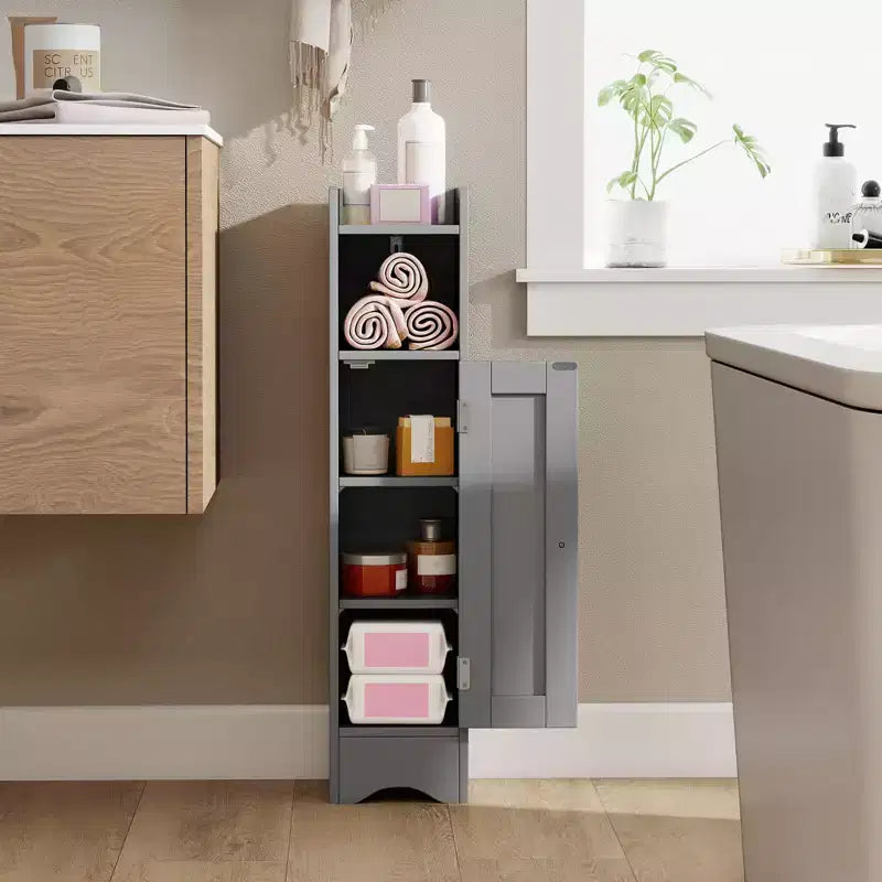 Mobile Contenitore da Bagno Stretto Nero/Grigio/Bianco con Anta, a Colonna a 5 Ripiani, Montaggio 1 Persona
