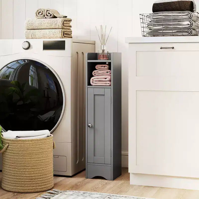 Mobile Contenitore da Bagno Stretto Nero/Grigio/Bianco con Anta, a Colonna a 5 Ripiani, Montaggio 1 Persona