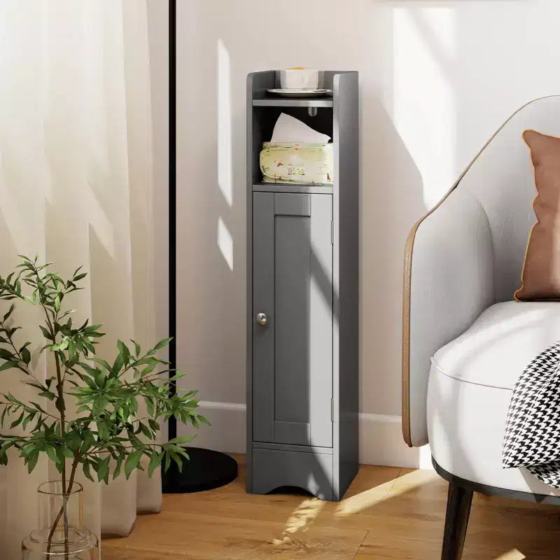 Mobile Contenitore da Bagno Stretto Nero/Grigio/Bianco con Anta, a Colonna a 5 Ripiani, Montaggio 1 Persona