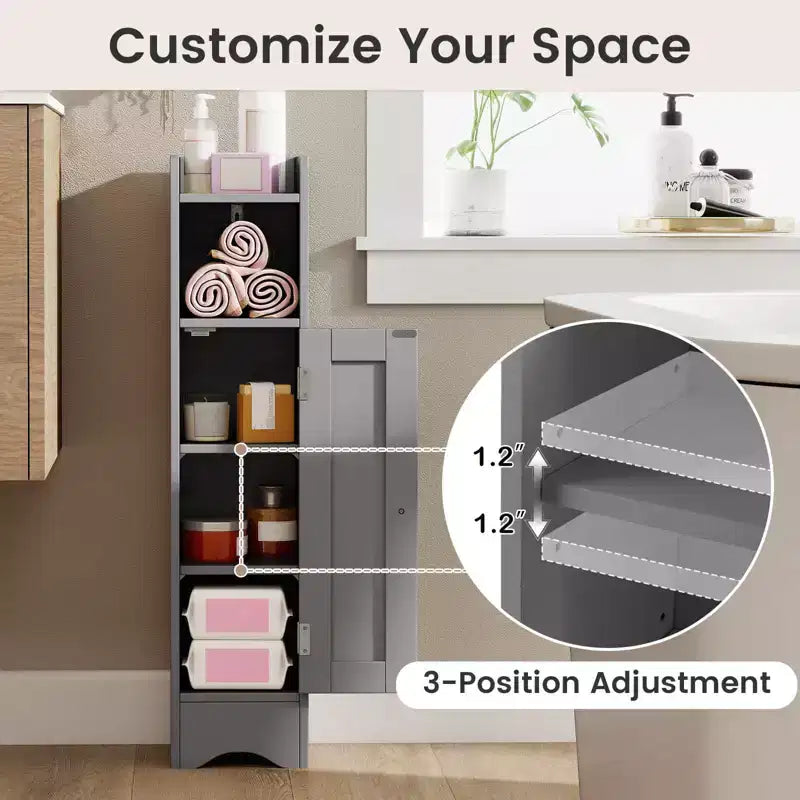Mobile Contenitore da Bagno Stretto Nero/Grigio/Bianco con Anta, a Colonna a 5 Ripiani, Montaggio 1 Persona
