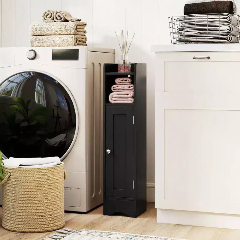 Mobile Contenitore da Bagno Stretto Nero/Grigio/Bianco con Anta, a Colonna a 5 Ripiani, Montaggio 1 Persona