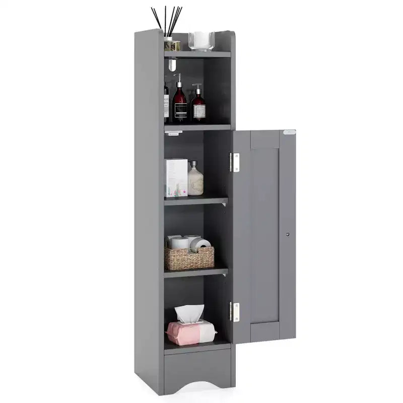 Mobile Contenitore da Bagno Stretto Nero/Grigio/Bianco con Anta, a Colonna a 5 Ripiani, Montaggio 1 Persona