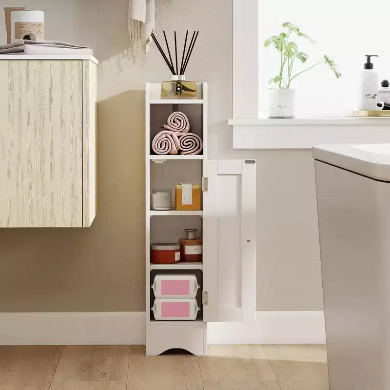Mobile Contenitore da Bagno Stretto Nero/Grigio/Bianco con Anta, a Colonna a 5 Ripiani, Montaggio 1 Persona