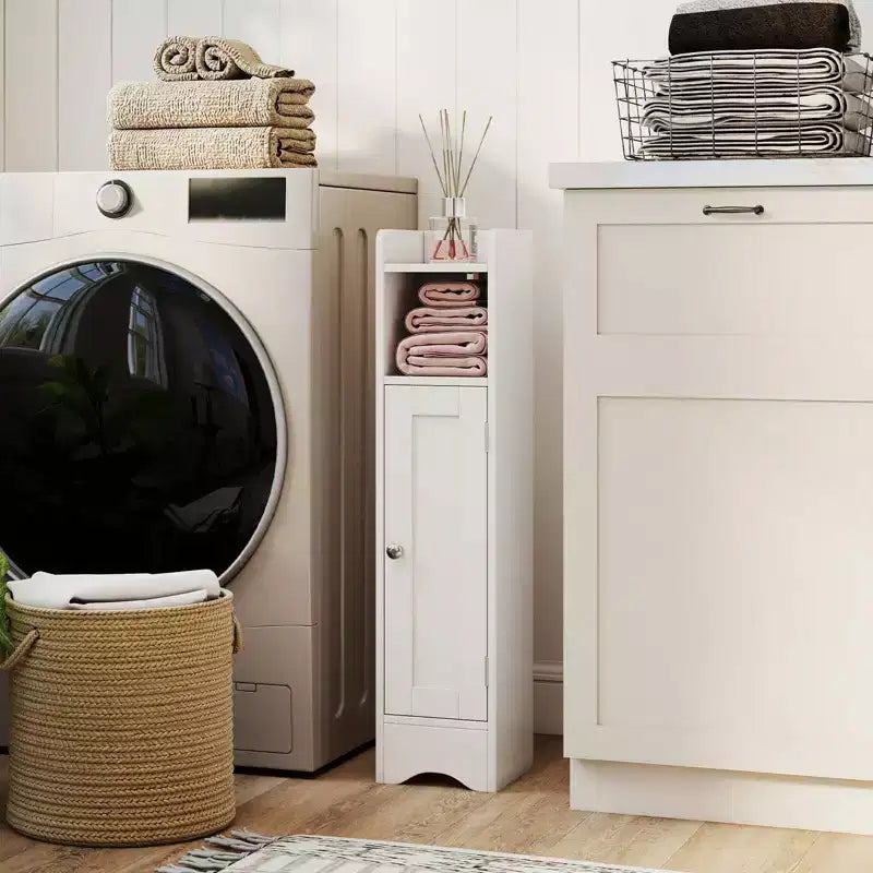 Mobile Contenitore da Bagno Stretto Nero/Grigio/Bianco con Anta, a Colonna a 5 Ripiani, Montaggio 1 Persona