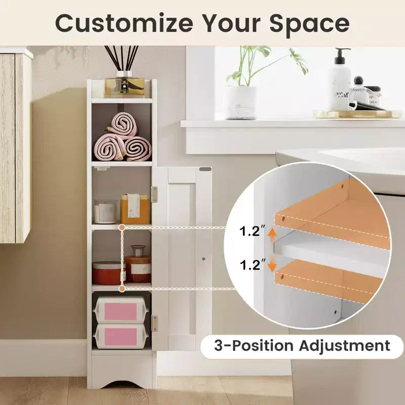 Mobile Contenitore da Bagno Stretto Nero/Grigio/Bianco con Anta, a Colonna a 5 Ripiani, Montaggio 1 Persona