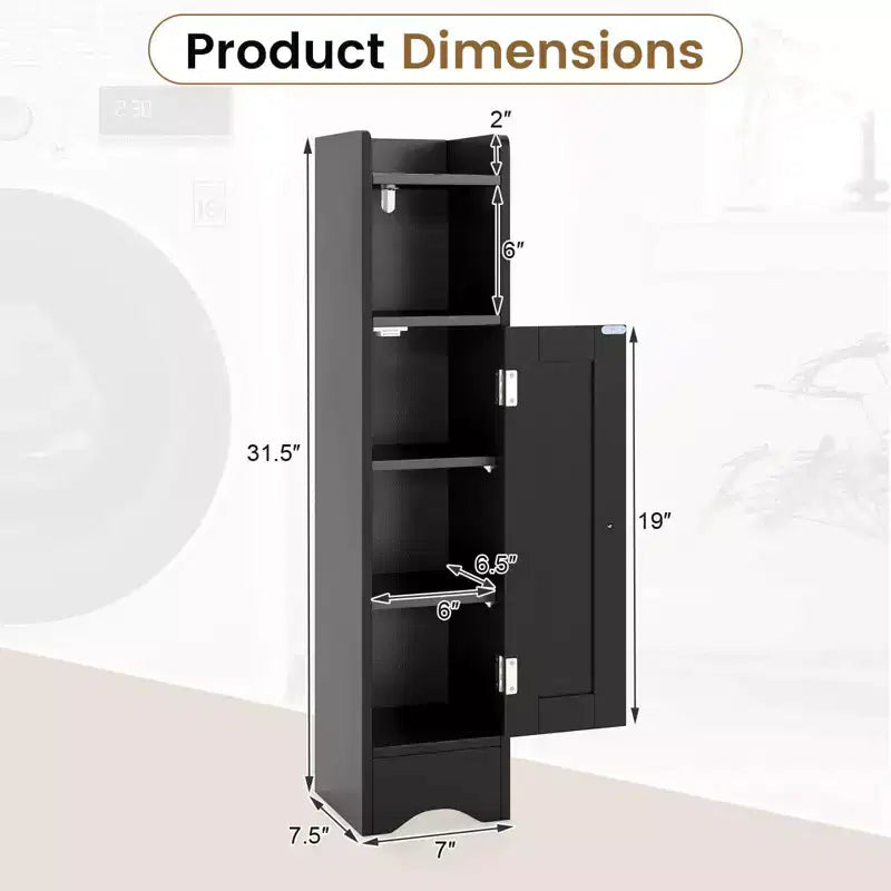 Mobile Contenitore da Bagno Stretto Nero/Grigio/Bianco con Anta, a Colonna a 5 Ripiani, Montaggio 1 Persona
