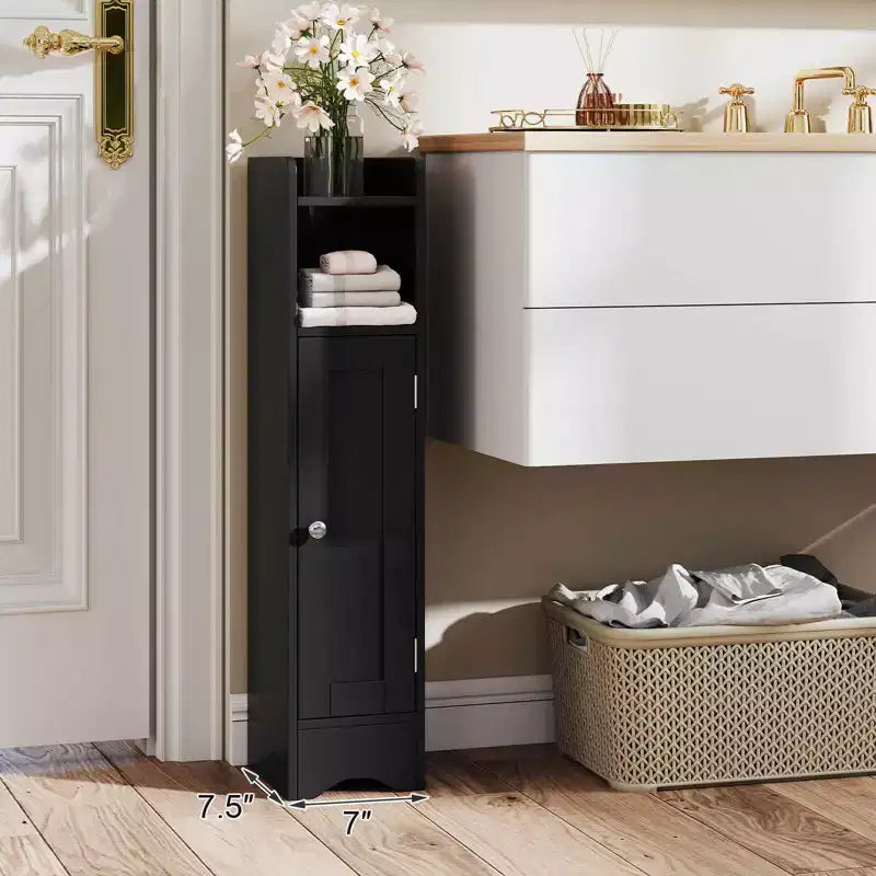 Mobile Contenitore da Bagno Stretto Nero/Grigio/Bianco con Anta, a Colonna a 5 Ripiani, Montaggio 1 Persona