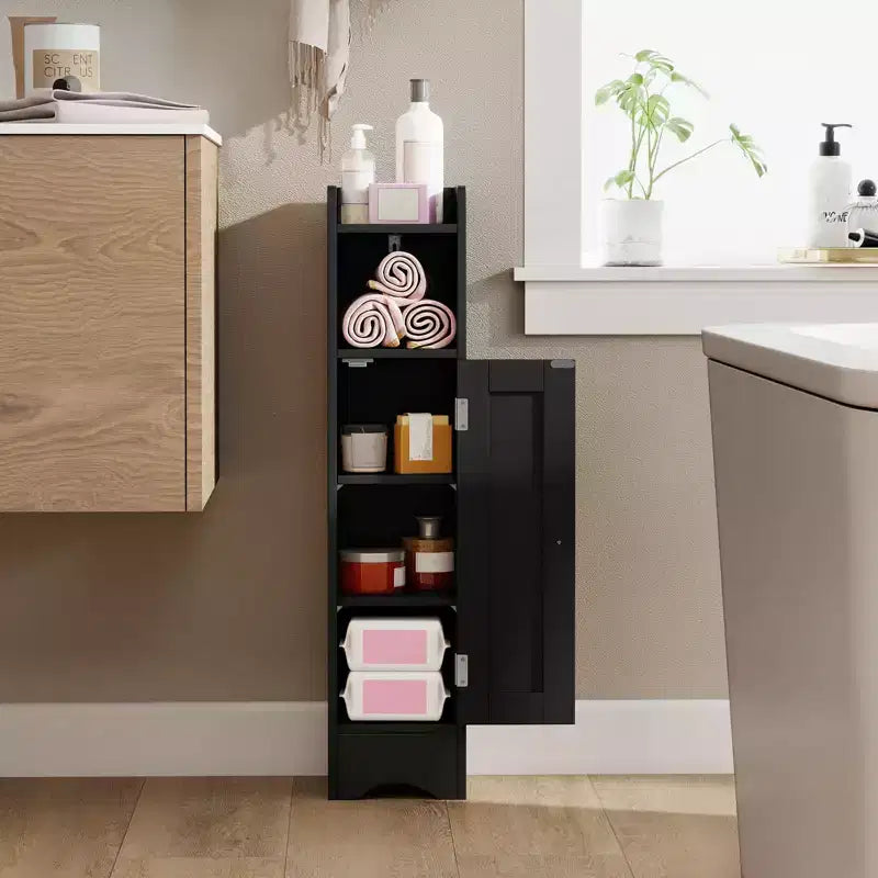 Mobile Contenitore da Bagno Stretto Nero/Grigio/Bianco con Anta, a Colonna a 5 Ripiani, Montaggio 1 Persona