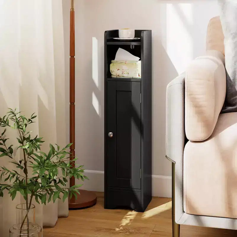 Mobile Contenitore da Bagno Stretto Nero/Grigio/Bianco con Anta, a Colonna a 5 Ripiani, Montaggio 1 Persona