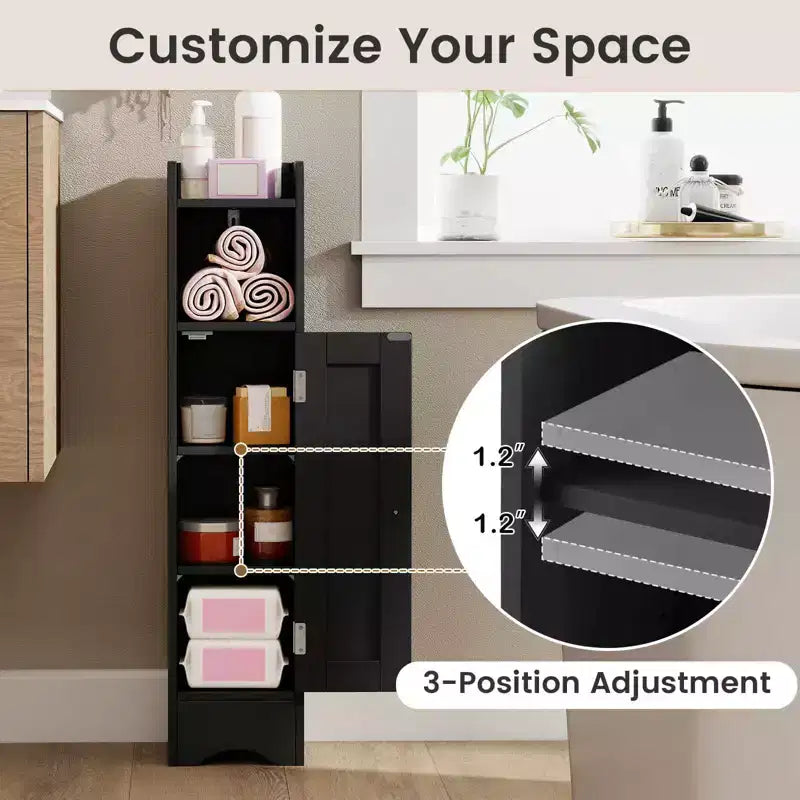 Mobile Contenitore da Bagno Stretto Nero/Grigio/Bianco con Anta, a Colonna a 5 Ripiani, Montaggio 1 Persona
