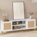 Modern Rattan TV Stand for TVs Up to 65, 57'' Entertainment Center with Cabinet & Open Shelves, Wooden Media Console Table, Sideboard Buffet Cabinet
