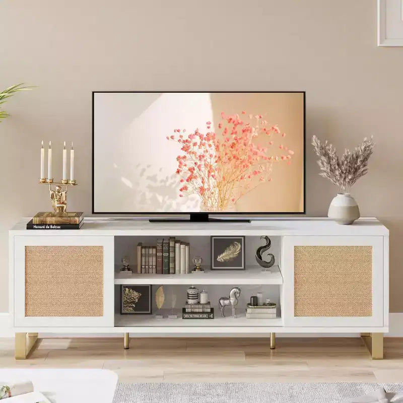 Mobile TV in Legno e Rattan Naturale Marrone con Anta e Ripiani Aperti, Adatto per TV fino a 65"