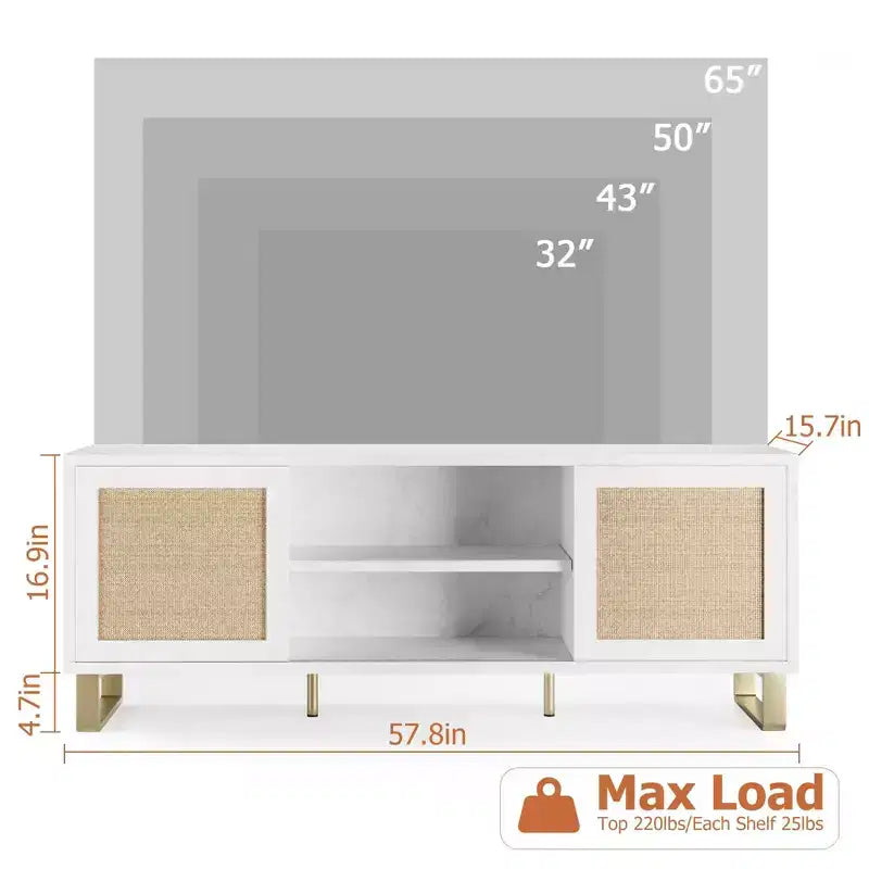Mobile TV in Legno e Rattan Naturale Marrone con Anta e Ripiani Aperti, Adatto per TV fino a 65"
