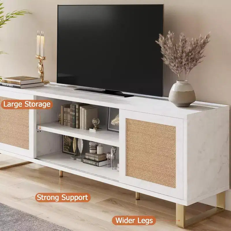 Mobile TV in Legno e Rattan Naturale Marrone con Anta e Ripiani Aperti, Adatto per TV fino a 65"