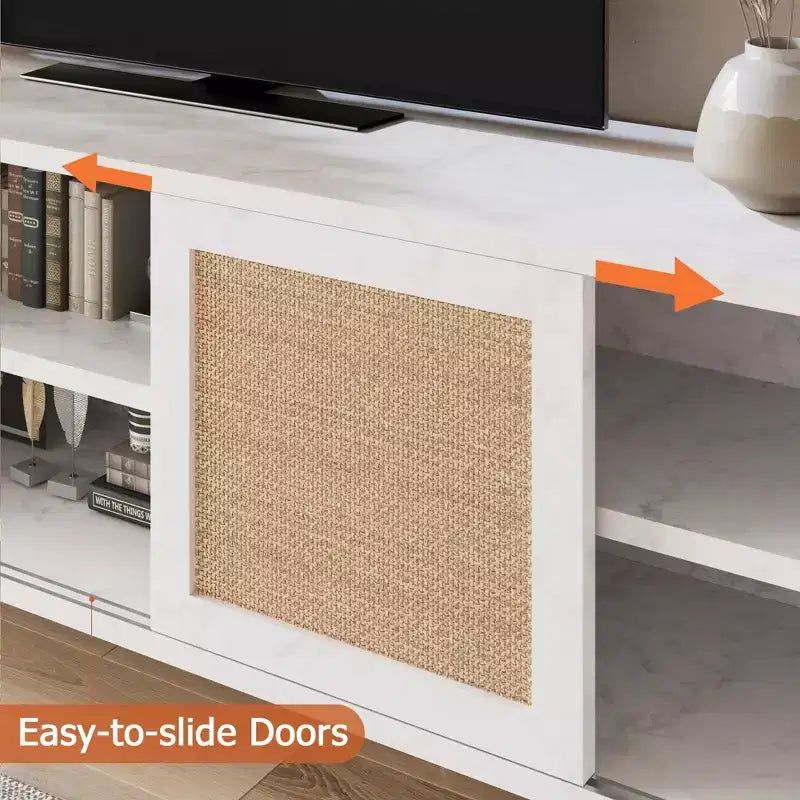 Mobile TV in Legno e Rattan Naturale Marrone con Anta e Ripiani Aperti, Adatto per TV fino a 65"