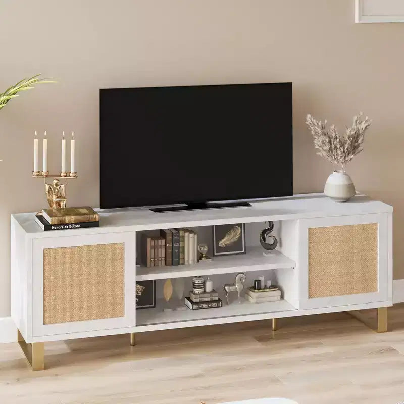 Mobile TV in Legno e Rattan Naturale Marrone con Anta e Ripiani Aperti, Adatto per TV fino a 65"