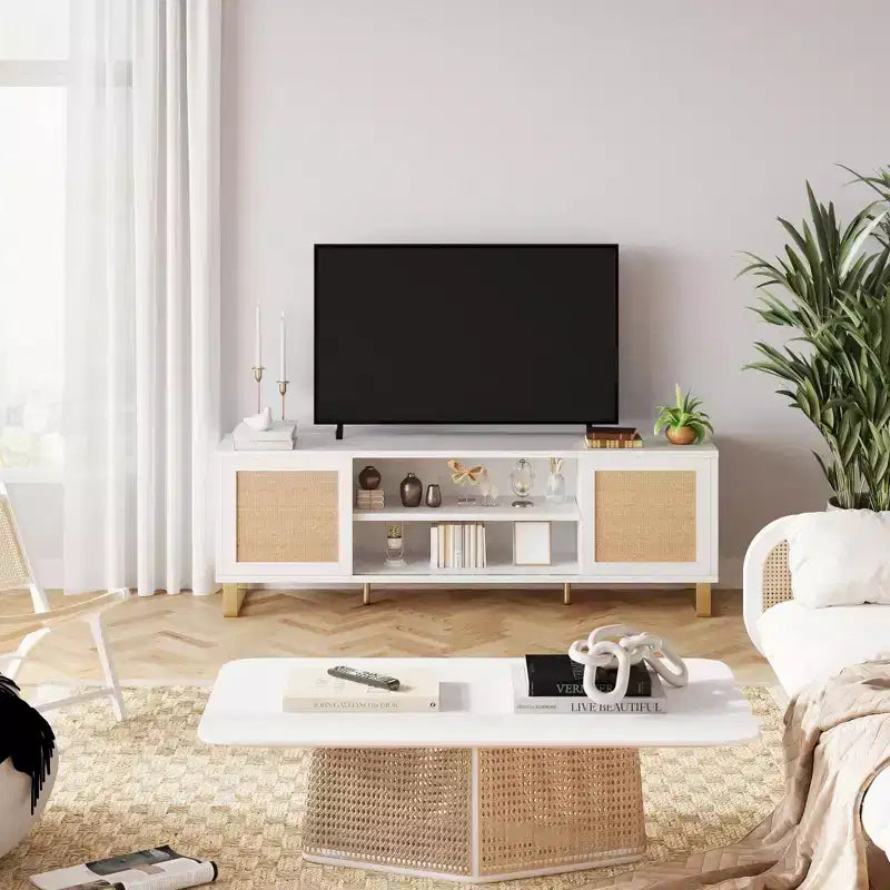 Mobile TV in Legno e Rattan Naturale Marrone con Anta e Ripiani Aperti, Adatto per TV fino a 65"