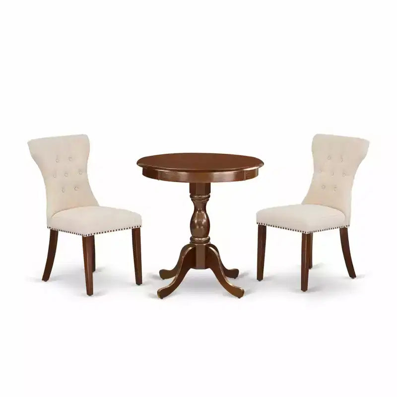 Set da pranzo rotondo in mogano 3 pezzi per 2 persone – Tavolo e 2 sedie