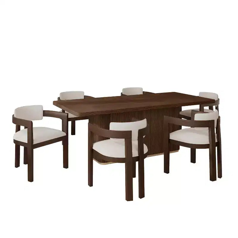 Set da pranzo rettangolare imbottito marrone, 7 pezzi, 6 posti a sedere