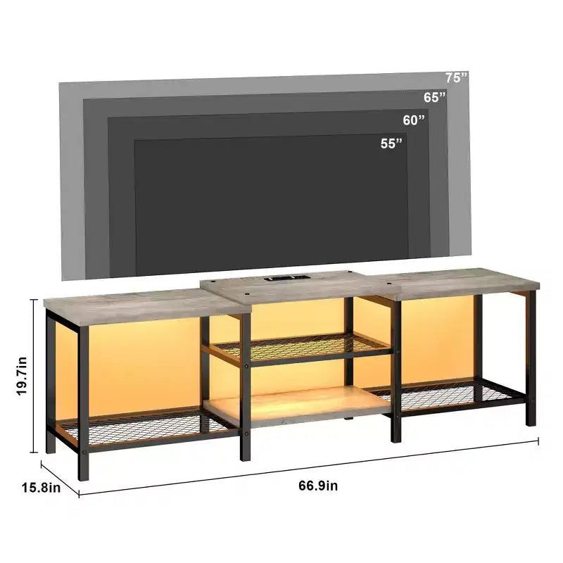 Supporto TV Aperto a 3 Ripiani Marrone/Grigio con Presa di Corrente, Adatto a TV fino a 75", Montaggio da 1 Persona